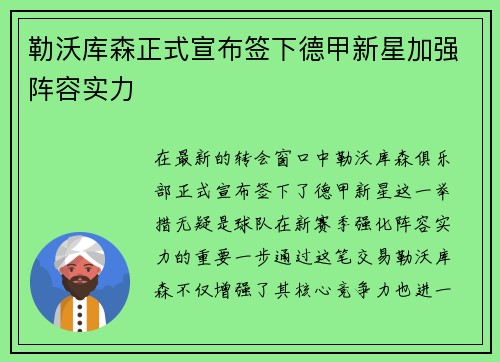 勒沃库森正式宣布签下德甲新星加强阵容实力