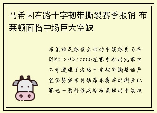 马希因右路十字韧带撕裂赛季报销 布莱顿面临中场巨大空缺 马希因右路十字韧带撕裂赛季报销 布莱顿面临中场巨大空缺