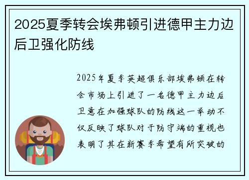 2025夏季转会埃弗顿引进德甲主力边后卫强化防线